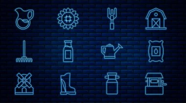 Sırayı belirle. Bitki bahçesi tohumlarıyla dolu paketle. Süt sürahisi su kovası ve ayçiçeği ikonu ile tırmıkla. Vektör.