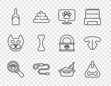 Veteriner kliniği köpek tasması konumu veteriner hastanesi geri çekilebilir kablo tasması faraş kemiği kedi kumu tepsisi kürek ve burun ikonu. Vektör.