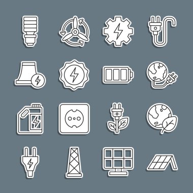 Güneş enerjisi paneli Dünya küresi ve yaprak Küresel enerji gezegeni Yıldırım Nükleer Santrali LED ampul ve Batarya ikonu. Vektör.