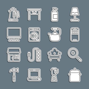 Sabit hat: Mutfak tavası mobil uygulama antibakteriyel sabun akıllı televizyon elektrikli su ısıtıcısı ve ikonlu kettle. Vektör.