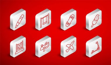 Roller Scooter Skateboard Dondurma Oyuncak Kalemi 'ni silgi sapanı ve abaküs simgesi ile ayarla. Vektör.