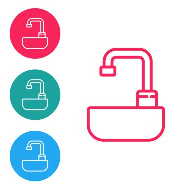 Beyaz zemin üzerinde su musluğu simgesi olan kırmızı çizgili lavabo. Simgeleri daire düğmelerine ayır. Vektör İllüstrasyonu.