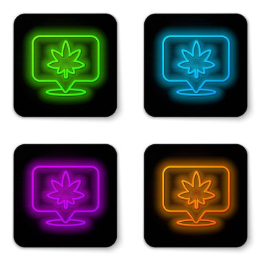 Beyaz arkaplanda parlayan neon çizgisi harita işaretleyici ve esrar veya kenevir yaprağı ikonu izole edilmiş. Kenevir sembolü. Siyah kare düğme. Vektör İllüstrasyonu.