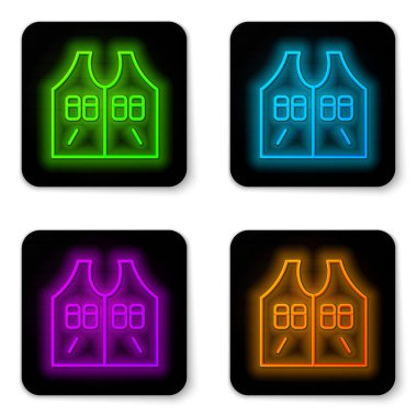 Parlayan neon çizgisi Avcı ceketi simgesi beyaz arka planda izole edildi. Av yeleği. Siyah kare düğme. Vektör.