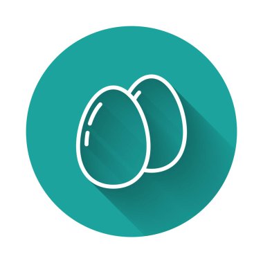 Beyaz çizgi tavuk yumurtası ikonu uzun gölgeli izole edilmiş. Yeşil daire düğmesi. Vektör.