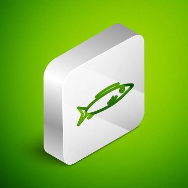 Isometric line Fish simgesi yeşil arka planda izole edildi. Gümüş kare düğme. Vektör..