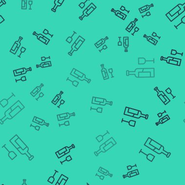 Yeşil zemin üzerinde cam ikon izole edilmiş siyah çizgi şarap şişesi. Vektör.