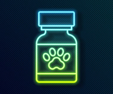 Parlayan neon hattı ilaç şişesi ve siyah arka planda izole edilmiş hap ikonu. İçinde haplar olan konteynır. Hayvan için reçeteli ilaç. Vektör.