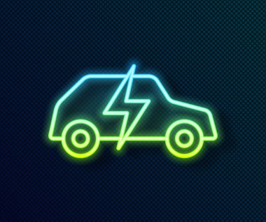 Parlak neon hattı elektrikli araba ve elektrik kablosu şarj ikonu siyah arka planda izole edildi. Yenilenebilir ekolojik teknolojiler. Vektör.