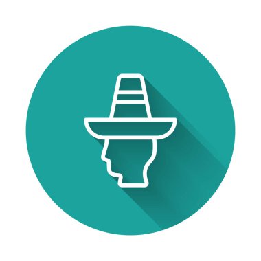 Beyaz çizgili Meksikalı adam sombrero ikonu giyiyor ve uzun gölgeli bir geçmişi var. Bıyıklı İspanyol adam. Yeşil daire düğmesi. Vektör.