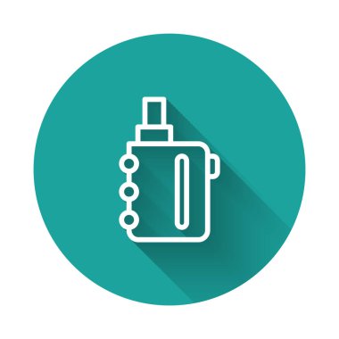 Beyaz çizgi Elektronik sigara ikonu uzun gölge arkaplan izole. Tüttürme aleti. Buharlaştırıcı Cihaz. Yeşil daire düğmesi. Vektör