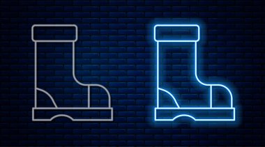 Parlayan neon hattı su geçirmez lastik bot ikonu tuğla duvar arka planında izole edilmiş. Yağmurlu hava, balıkçılık, bahçe işleri için çizme. Vektör