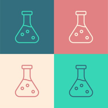 Pop sanat çizgisi test tüpü ve kimyasal test ikonu renk arkaplanında izole edilmiş. Laboratuvar cam levhası. Vektör
