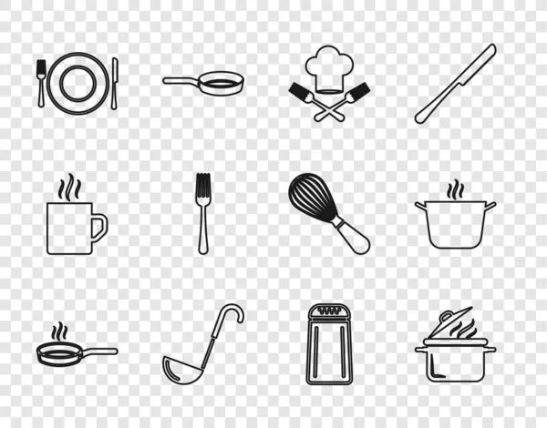 设置直线炒锅煮锅厨师帽和叉子菜盘刀叉盐胡椒和图标 — 图库矢量图片