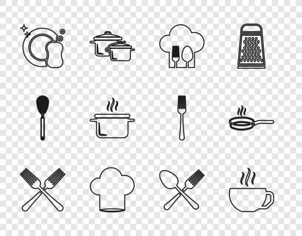 设置线交叉叉咖啡杯厨师帽与勺子洗碗烹饪锅和煎锅图标 — 图库矢量图片