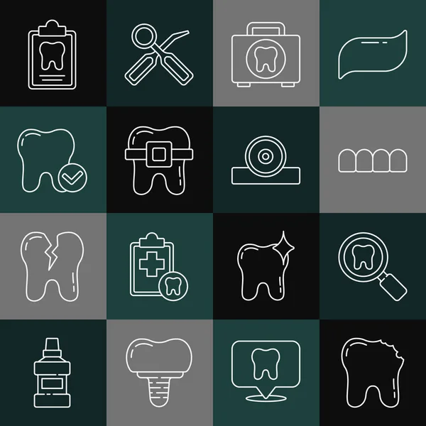 Встановити Лінію Зламаний Зуб Модель Стоматологічного Пошуку Набір Першої Допомоги — стоковий вектор