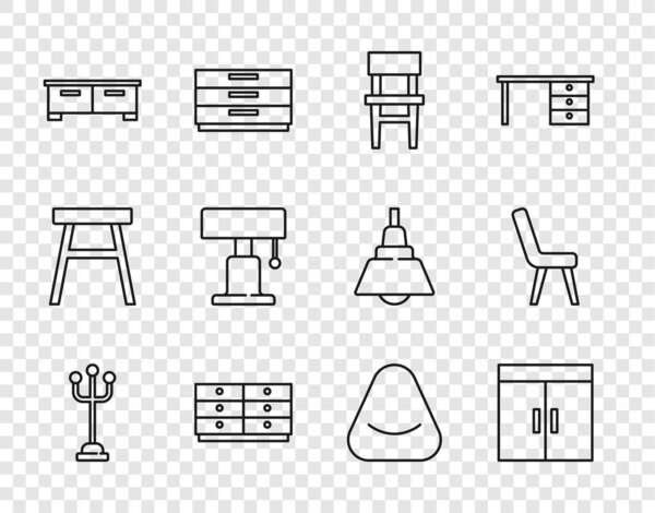 Набор линии лака стенд Шкаф Шкаф стул Сундук ящиков Настольная лампа Пуф и кресло значок. Вектор.
