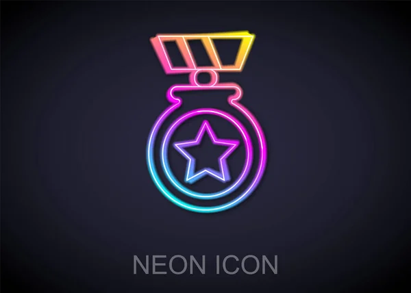 Glödande Neon Line Medalj Med Stjärna Ikon Isolerad Svart Bakgrund — Stock vektor