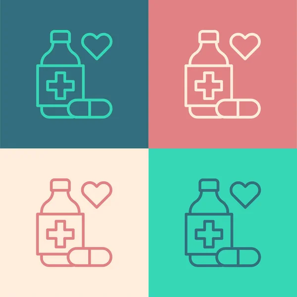 流行艺术线药瓶和药丸图标孤立的色彩背景 瓶装药丸标志 药房设计 — 图库矢量图片