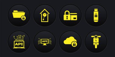 Bilgisayar api arayüzünü, USB flash diski kilitle, Cloud bilgisayarını, kredi kartını ve Retro duvar izleme simgesini ayarla. Vektör