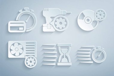 Eski kum saatini kum, CD veya DVD disk ayarı, klima, Klima Saati, Matkap Makinesi ve Hızlı Ödeme simgesi ile ayarla. Vektör