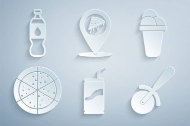 Saman, dondurma, pizza, bıçak, lokasyon pizzası ve bir şişe su ikonu ile soda koy. Vektör