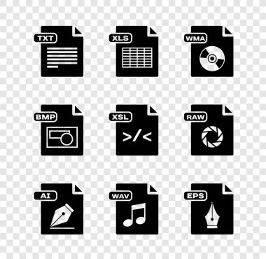 TXT dosya belgesi, XLS, WMA, AI, WAV, EPS, BMP ve XSL simgesini ayarla. Vektör