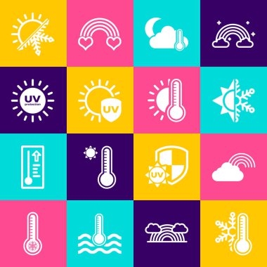 Termometreyi kar tanesi, gökkuşağı bulutu, güneş, ay, ultraviyole koruma ve güneş ikonu ile ayarla. Vektör