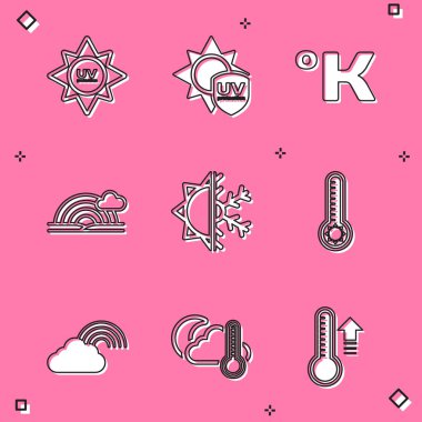 UV koruması, Kelvin, Gökkuşağı bulutlu, güneşli ve kar taneli, Meteoroloji termometresi ve Termometre ikonlu. Vektör