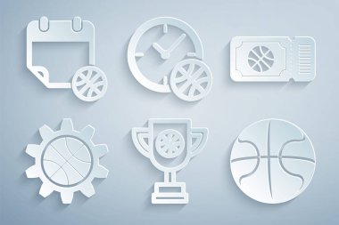 Basketbol topu, basketbol bileti, planlama stratejisi konsepti, saat ve spor takvimi ikonu olan ödül kupası. Vektör