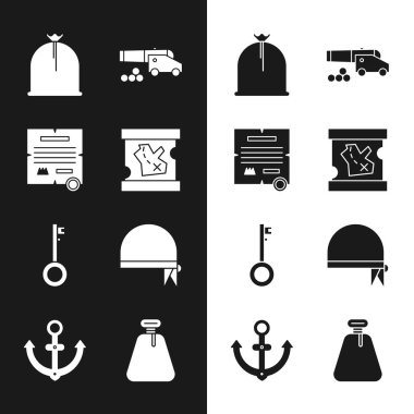 Korsan hazine haritası, kararname, parşömen, parşömen, parşömen, çuval, gülleli top, anahtar, kafa için bandana ve Anchor simgesi. Vektör