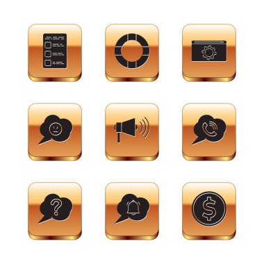 Cep telefonu, konuşma balonu sorusu, sohbet tebligatı, megafon, sinirli gülümseme, ayar, bozuk para doları ve Lifebuoy simgesiyle hesap ekranı oluştur. Vektör