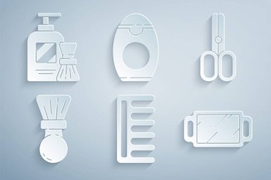 Saç fırçası, makas kuaförü, tıraş makinesi, el aynası, şampuan şişesi ve jöle ikonu. Vektör