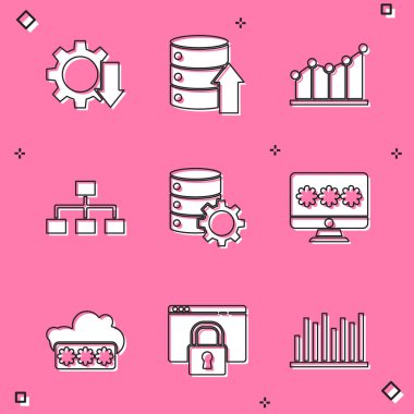 Maliyet azaltma, Server, Data, Web Sunuculuğu, Pie grafik bilgileri, Hiyerarşi organogramı ve teçhizatı ayarla, parolalı monitör, Parola koruması ve sitenizi güvene alın HTTPS, SSL simgesi. Vektör