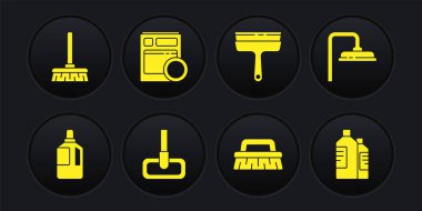 Kumaş yumuşatıcıyı, duş başlığını, temizlik için fırçayı, temizleyici pencereleri, mutfak bulaşık makinesini, şişe açacağını ve süpürge ikonunu ayarla. Vektör