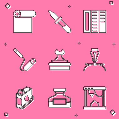 Kağıt rulo, Pipette, Brochure, boya fırçası, pul, dolmakalem ucu, yazıcı mürekkebi kartuşu ve mürekkep şişesi ikonu. Vektör