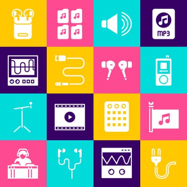 Elektrik prizi, müzik festivali bayrağı, oyuncu, hoparlör sesi, ses sistemi, osiloskop, hava kulaklıkları, kutu ve simge. Vektör