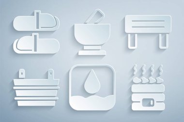 Su damlası, sauna tezgahı, kova, sıcak sauna taşları, havan topu ve terlik ikonu. Vektör