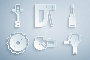 Açı öğütücü, tornavida, dairesel testere bıçağı, inşaat zımbası ve elektrikli beton karıştırıcı ikonu ayarla. Vektör