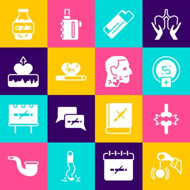 Hipnoz, eklem ağrısı, diz ağrısı sigarayı bırakmak, para biriktirmeyi bırakmak, Çakmak, kalp rahatsızlığı, kalp atışı artışı, nikotin sakız şişliği ve gırtlak kanseri ikonu. Vektör