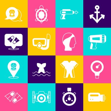 Fenerleri dalgıç, gösterge ölçeği, balıkçı zıpkını, şnorkelli dalış maskesi, yüzen yüzgeçler, deniz kabuğu ve kaput simgesi için ayarla. Vektör