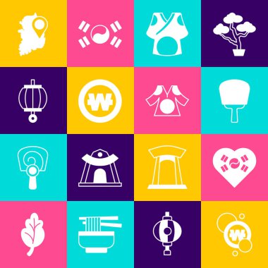 Güney Kore 'nin para kazanması, kalpten sevgisi, el yelpazesi, kimono, fener, harita ve ikon. Vektör