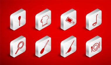 Tabak, çatal ve bıçak, Şef şapkası, Grater, mutfak kepçesi, süzgeç, çırpma ve kızartma tavası ikonu. Vektör