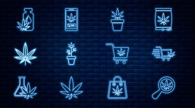 Set hattı büyüteç ve marihuana, alışveriş arabası, marihuana bitkisi tenceresi, ya da kenevir yaprağı, yağ ve online satın alma ikonu. Vektör