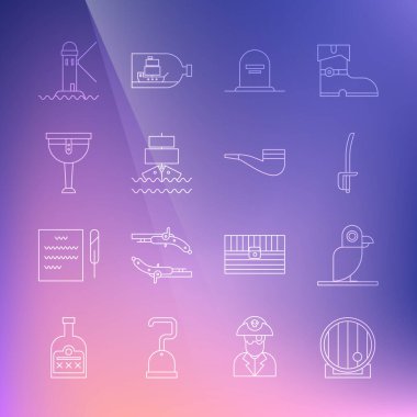 Sıra tahta fıçı, korsan papağan, kılıç, RIP yazılı Tombstone, gemi, korsan bacak, deniz feneri ve tüttürme çubuğu ikonu. Vektör