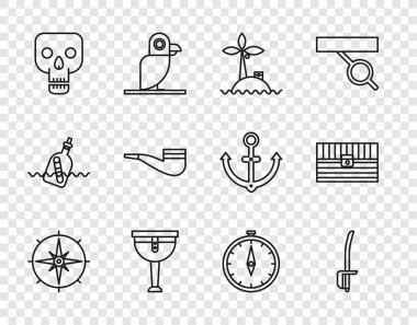 Rüzgar gülü, Korsan kılıcı, Tropik ada okyanusu, tahta korsan bacağı, Kafatası, tüttürme borusu, pusula ve antika hazine sandığı ikonu. Vektör
