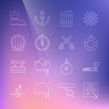 Hüküm, parşömen, parşömen, parşömen, hazine ve zenginlik, Lifebuoy, tahta fıçı, pusula, deri korsan çizmeleri ve çapraz kılıç ikonu. Vektör