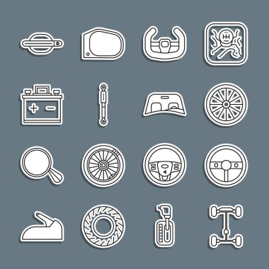 Chassis vagonu, direksiyon, araba, spor direksiyon, şok emici, pil, kapı kolu ve ön cam ikonu ayarlayın. Vektör