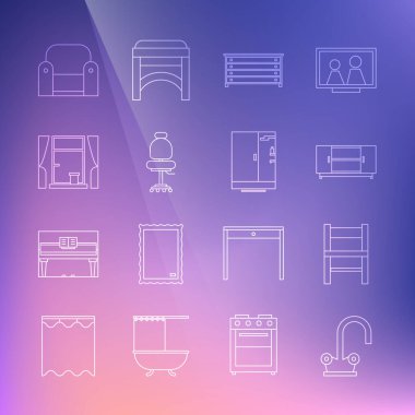 Hattı su musluğu, sandalye, televizyon masası, çekmece sandığı, ofis sandalyesi, perdeli pencere, Koltuk ve duş kabini ikonu. Vektör