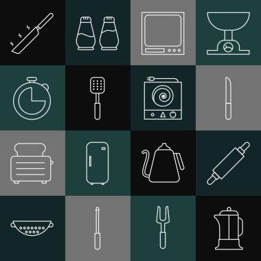 Fransız matbaası, Rolling Pin, Bıçak, Elektronik Pul, Spatula, Mutfak zamanlayıcısı, Kızartma Tavası ve Elektrikli Soba ikonu. Vektör